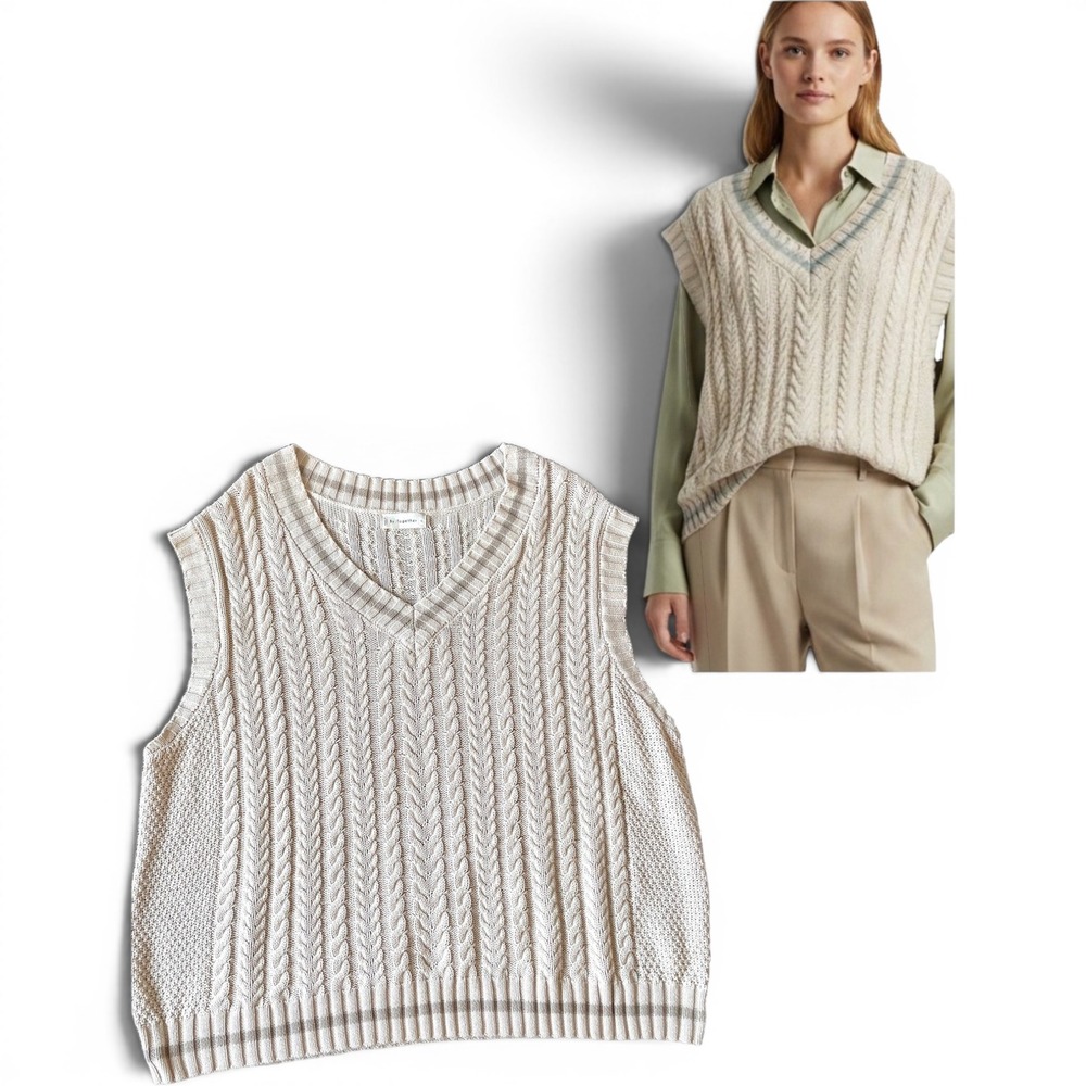 Cotton Cable Knit Cream Sweater Vest Size Large Pullover V-Neck Slouchy Preppy